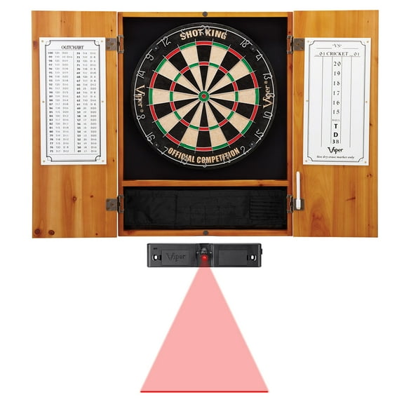Viper Metropolitan Oak Steel Tip Dartboard Cabinet, Viper Shot King Bristle Dartboard, and Throw Line Light