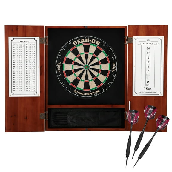 Viper Metropolitan Sisal Fiber Bristle Dartboard and Cabinet Bundle: Deluxe Set (Dead On Dartboard and Darts), Cinnamon Finish