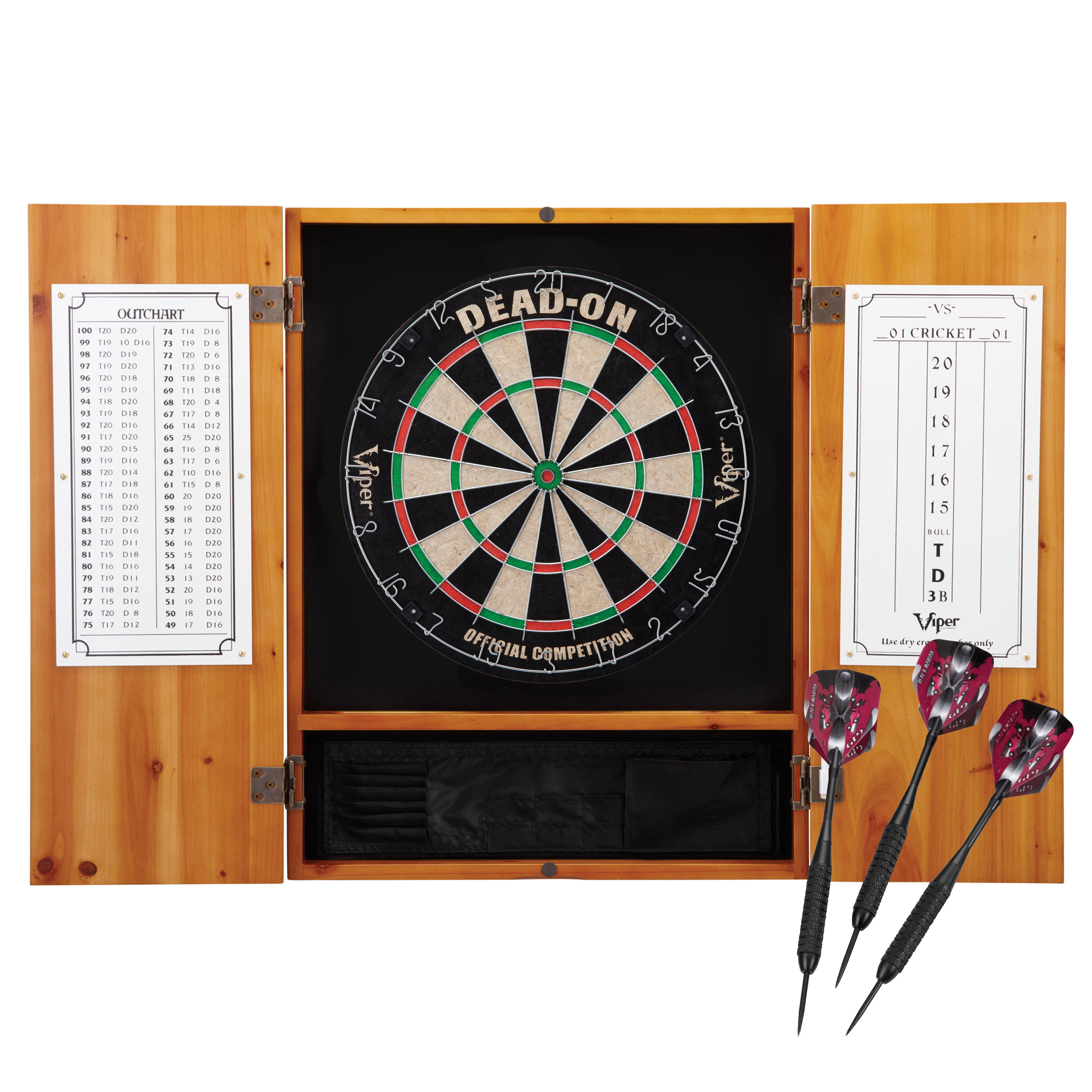 Viper Metropolitan Sisal Fiber Bristle Dartboard and Cabinet Bundle: Deluxe Set (Dead On Dartboard and Darts), Oak Finish