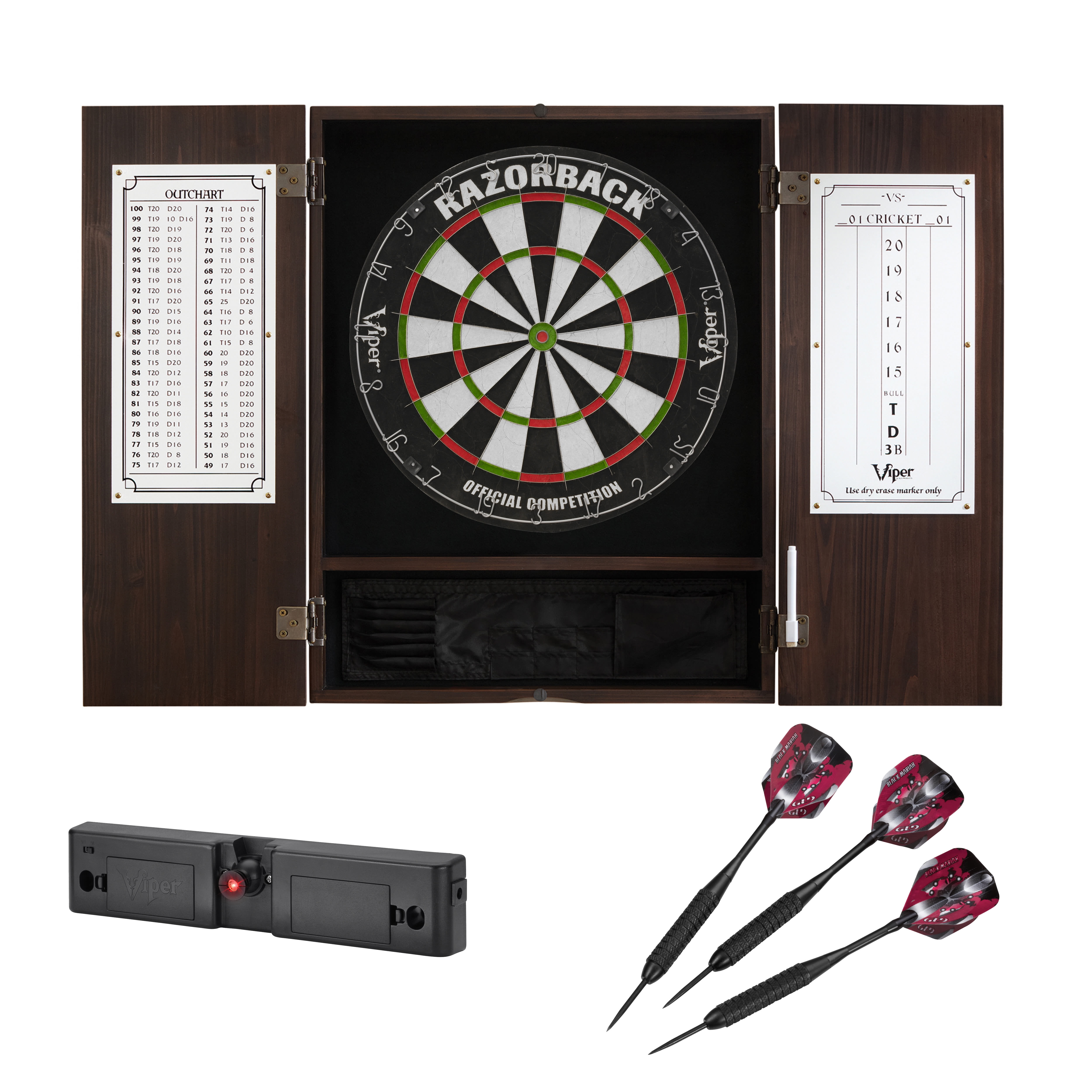 Espresso Solid Wood Dartboard Cabinet with Scoreboard and Darts