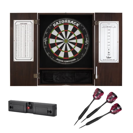 Viper Metropolitan Sisal Fiber Bristle Dartboard and Cabinet Bundle: Elite Set (Razorback Dartboard, Darts and Throw Line Light), Espresso Finish