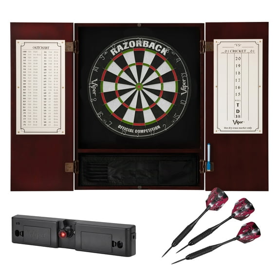 Viper Metropolitan Sisal Fiber Bristle Dartboard and Cabinet Bundle: Elite Set (Razorback Dartboard, Darts and Throw Line Light), Mahogany Finish