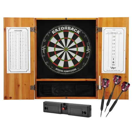 Viper Metropolitan Sisal Fiber Bristle Dartboard and Cabinet Bundle: Elite Set (Razorback Dartboard, Darts and Throw Line Light), Oak Finish