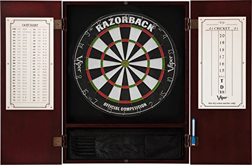 Viper Metropolitan Solid Wood Cabinet & Sisal/Bristle Dartboard Ready-to-Play Bundle: Premium Set (Razorback Dartboard and Darts), Mahogany Finish