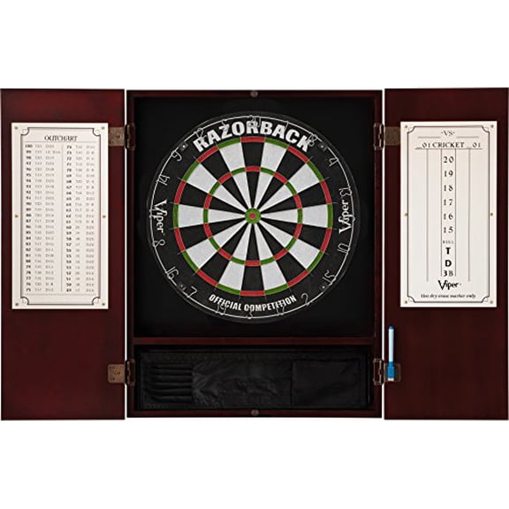 Viper Metropolitan Solid Wood Cabinet & Sisal/Bristle Dartboard Ready-to-Play Bundle: Premium Set (Razorback Dartboard and Darts), Mahogany Finish