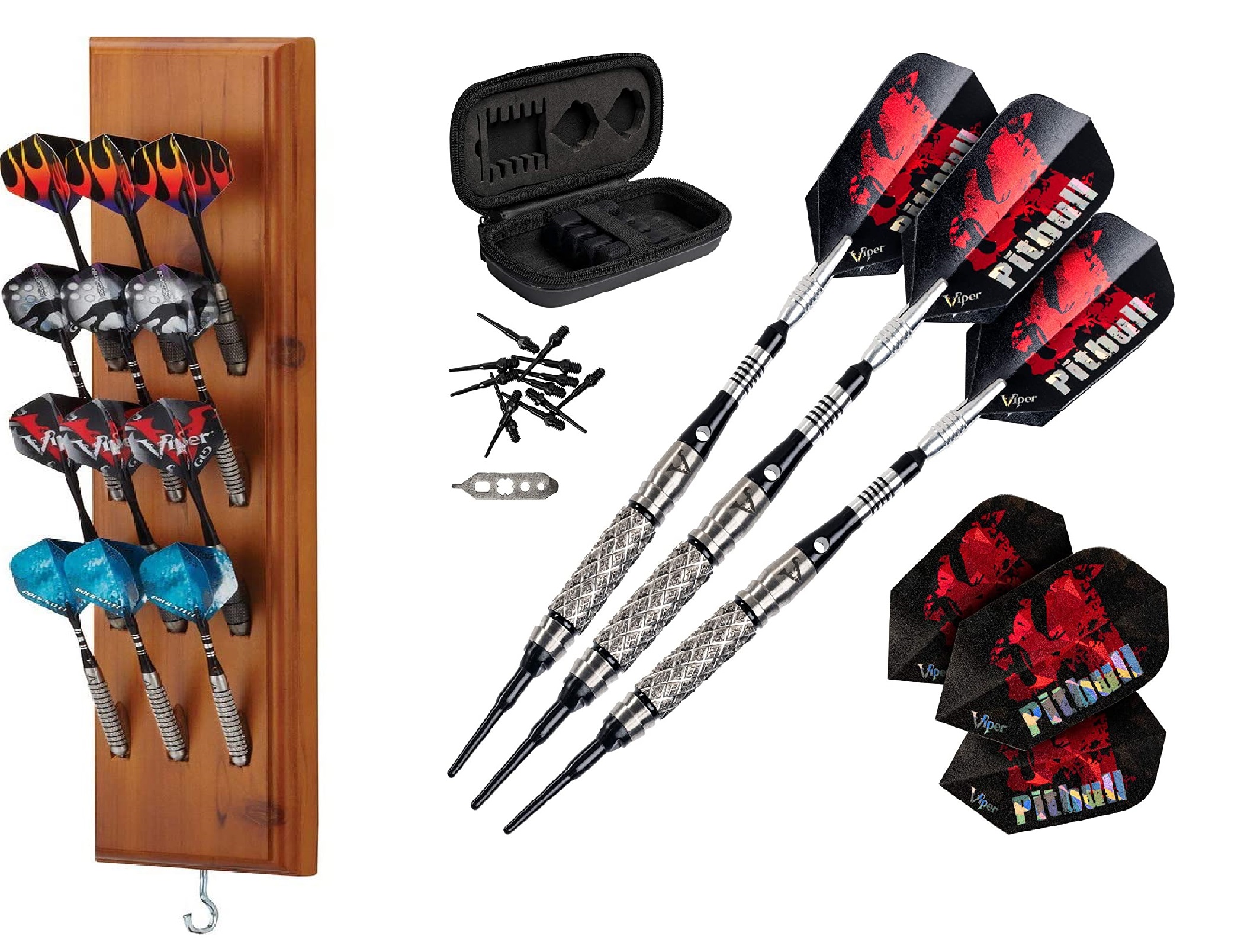 Viper Pitbull Tungsten Soft Tip Darts with Storage/Travel Case, and Dart Caddy Solid Wood Wall Mounted Dart Holder/Stand with Accessory Storage Bag
