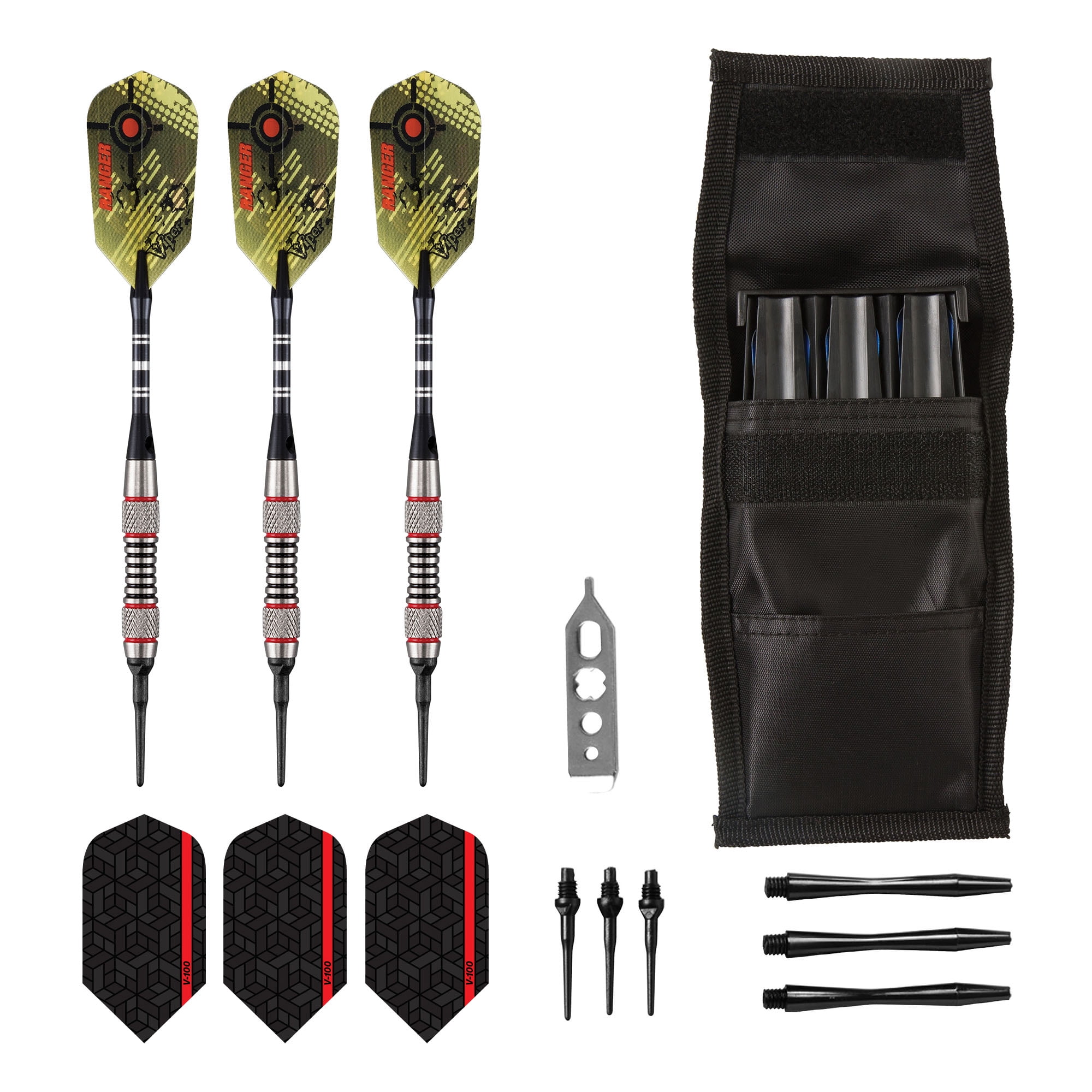Viper Ranger Tungsten Soft Tip Darts Red Rings 18 Grams and Casemaster Single Black Dart Case