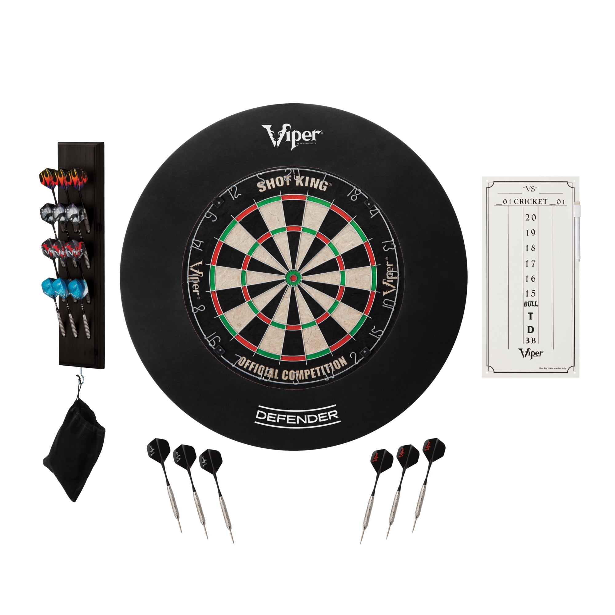 Viper Shot King Dartboard, Wall Defender, Dry Erase Scoreboard, and Black Dart Caddy