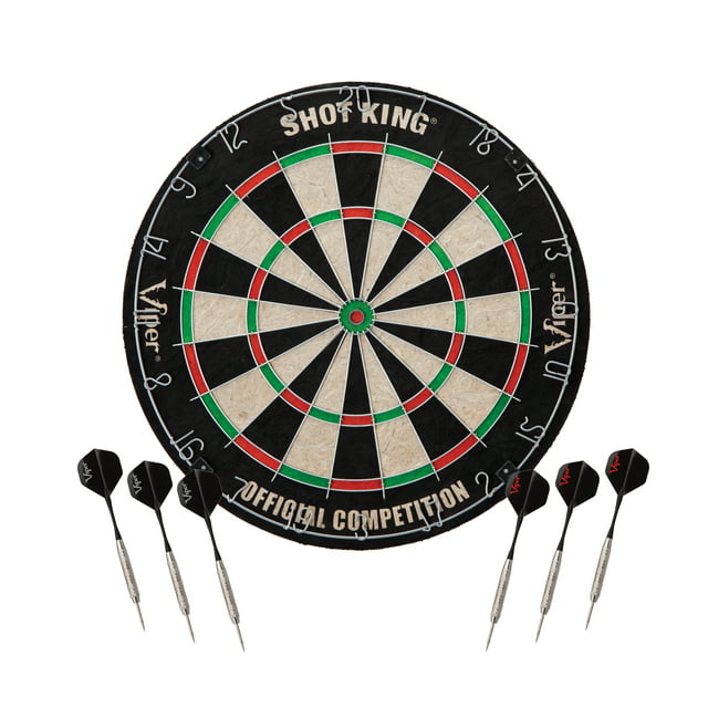 Viper Shot King Regulation Bristle Steel Tip Dartboard Set with Staple-Free Bullseye, Galvanized Metal Spider Wire; High-Grade Compressed Sisal with Rotating Number Ring, Includes 6 Darts