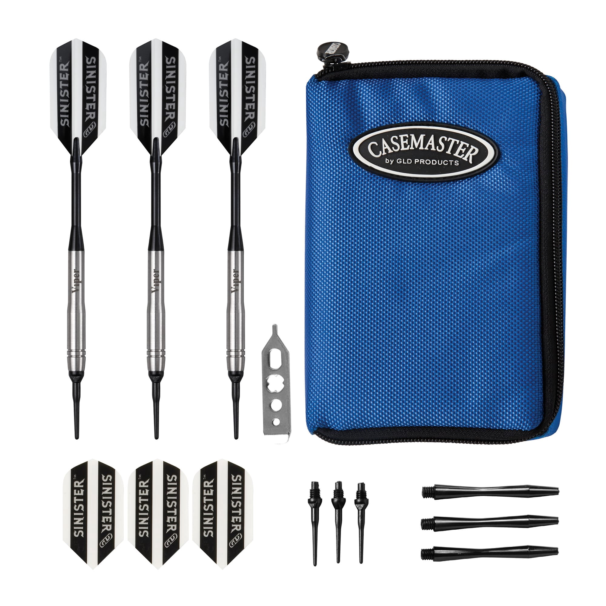 Viper Sinister Tungsten Soft Tip Darts Grooved Barrel 18 Grams and Casemaster Select Blue Nylon Dart Case