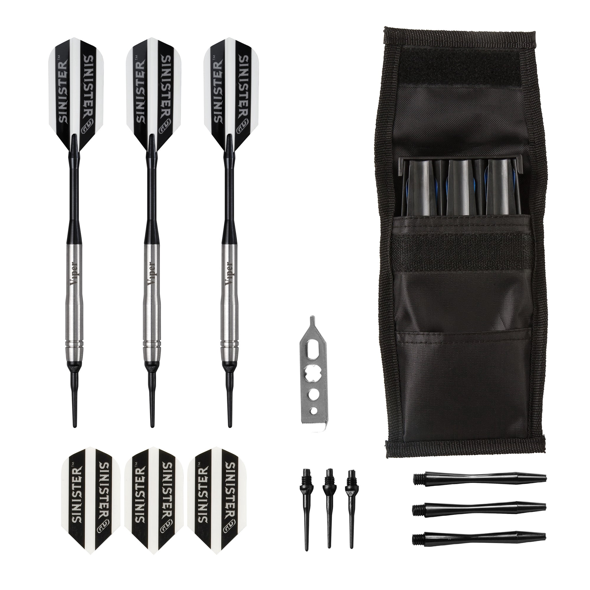 Viper Sinister Tungsten Soft Tip Darts Grooved Barrel 18 Grams and Casemaster Single Black Dart Case
