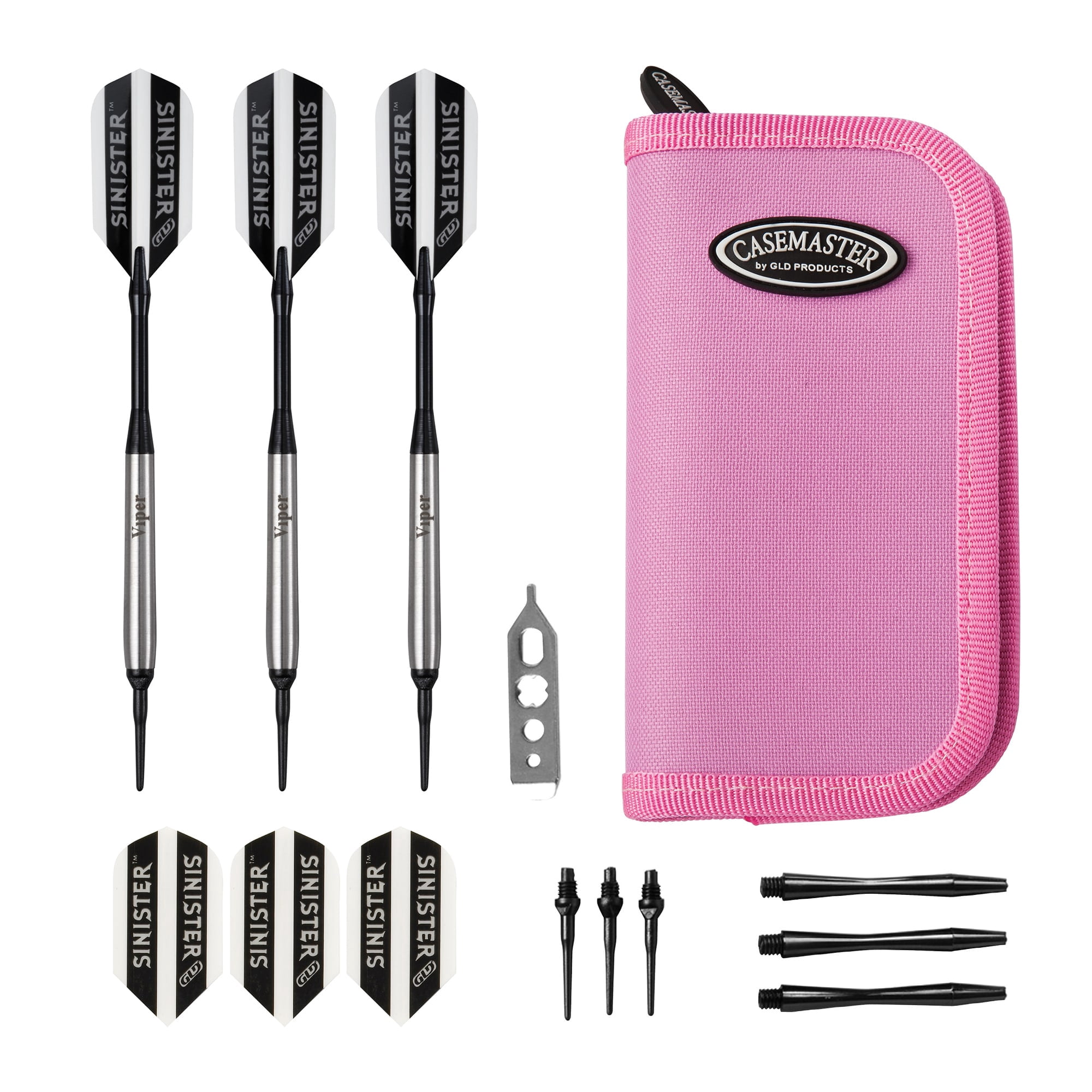 Viper Sinister Tungsten Soft Tip Darts Smooth Barrel 16 Grams and Casemaster Deluxe Pink Nylon Dart Case
