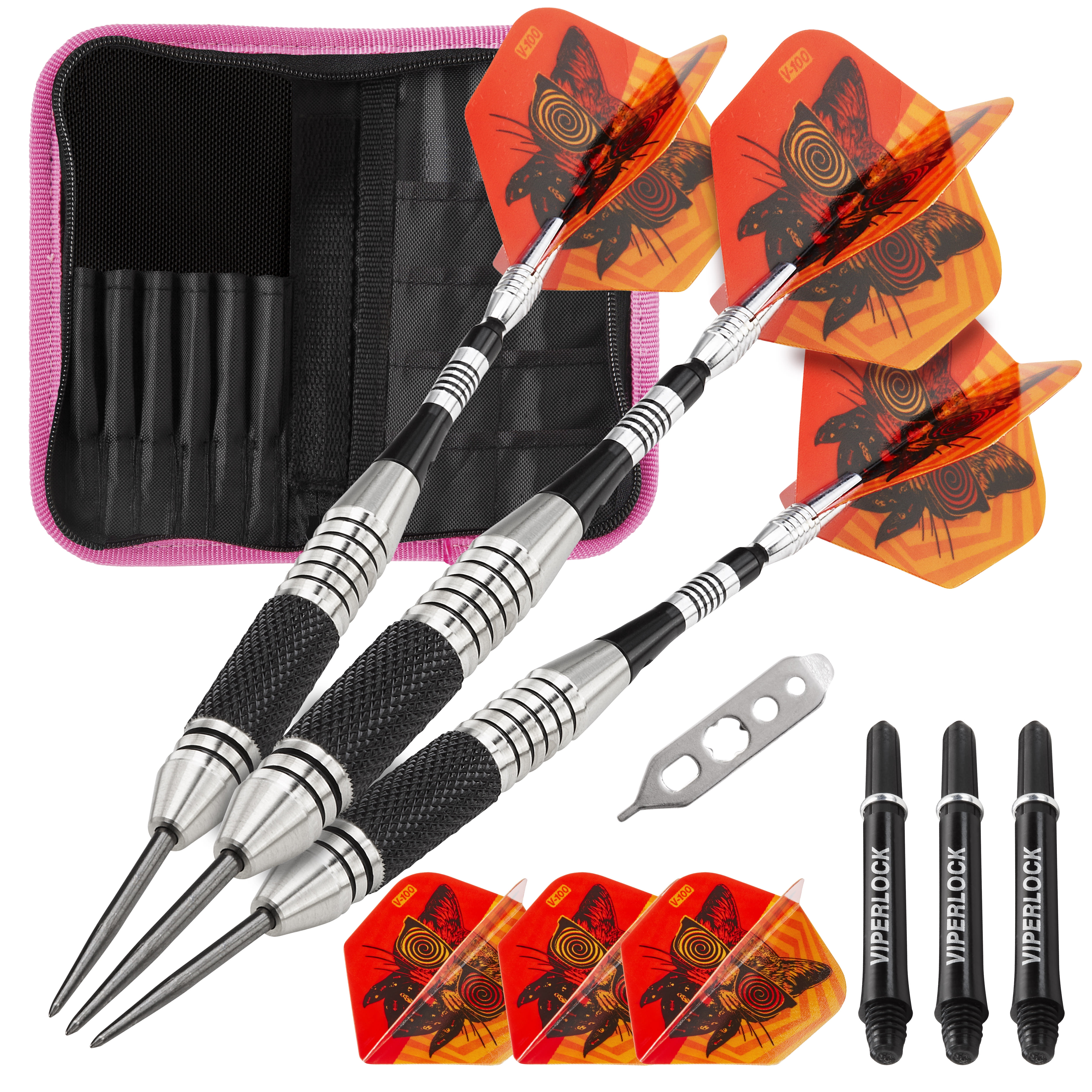 Viper The Freak Steel Tip Darts Knurled and Grooved Barrel 22 Grams and Casemaster Deluxe Pink Nylon Dart Case