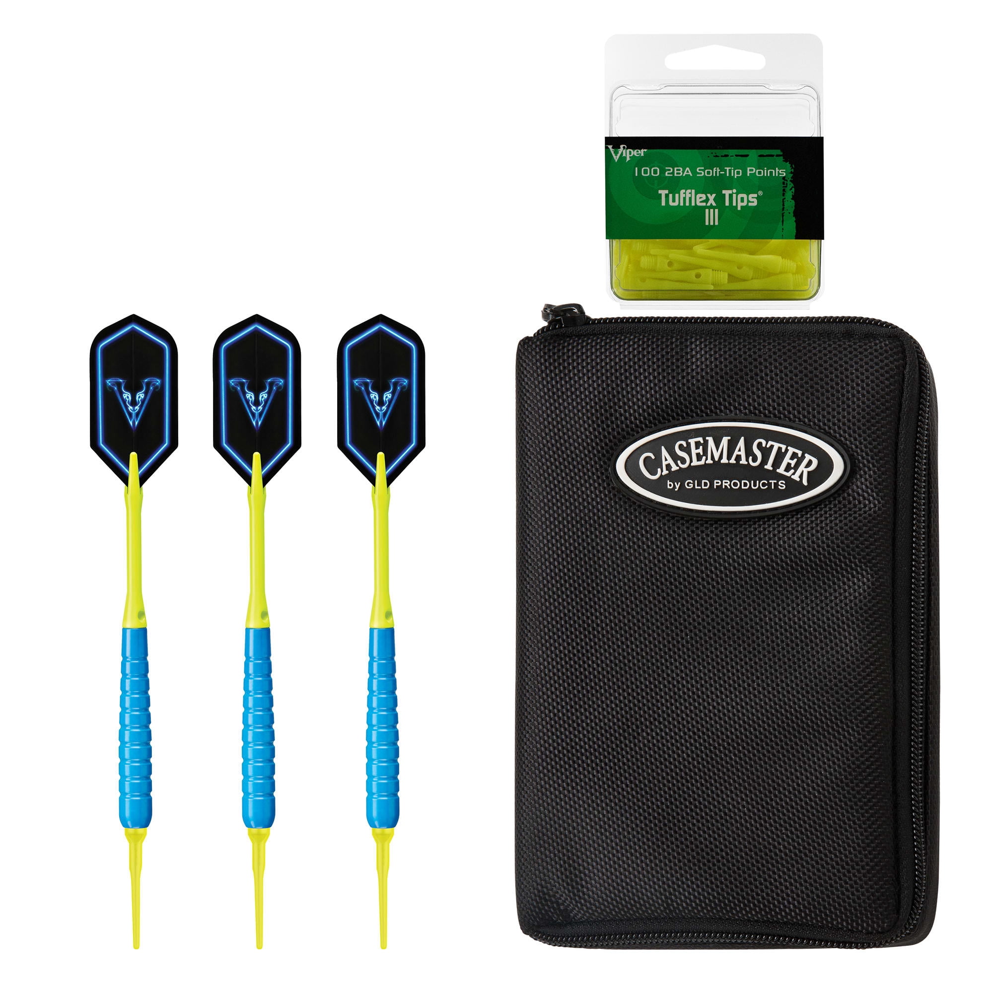 Viper V-Glo Blue 18 Gram Soft Tip Darts, Casemaster Select Black & Viper 2BA Tufflex III Tips - Neon Yellow 100 ct Box