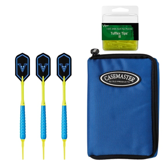 Viper V-Glo Blue 18 Gram Soft Tip Darts, Casemaster Select Blue & Viper 2BA Tufflex III Tips - Neon Yellow 100 ct Box