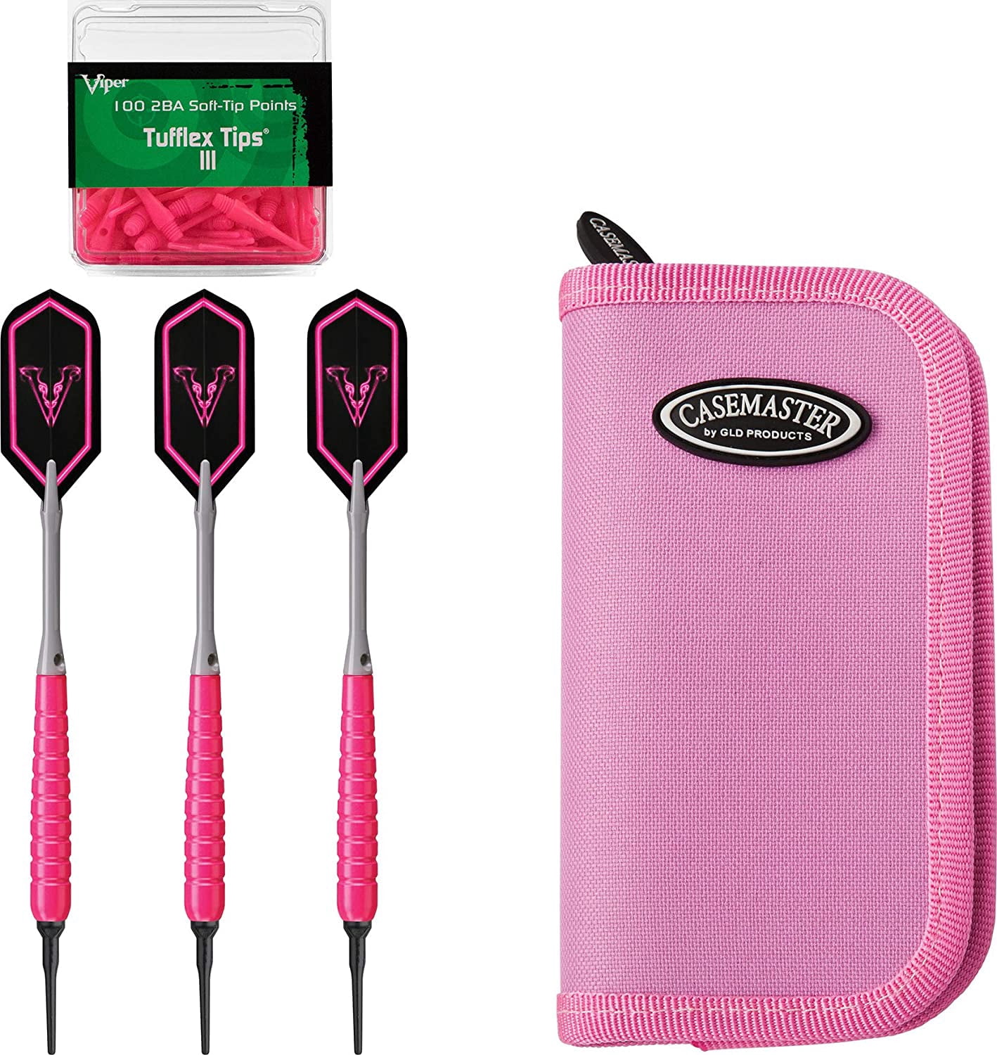 Viper V Glo Soft Tip 18gm Pink, Casemaster Deluxe Pink Nylon Dart Case, and Viper 2BA Tufflex Tips III- Neon Pink 100ct. Box