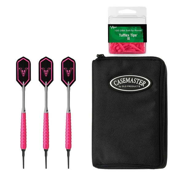 Viper V Glo Soft Tip 18gm Pink, Casemaster Select Black Nylon Dart Case, and Viper 2BA Tufflex Tips III- Neon Pink 100ct. Box