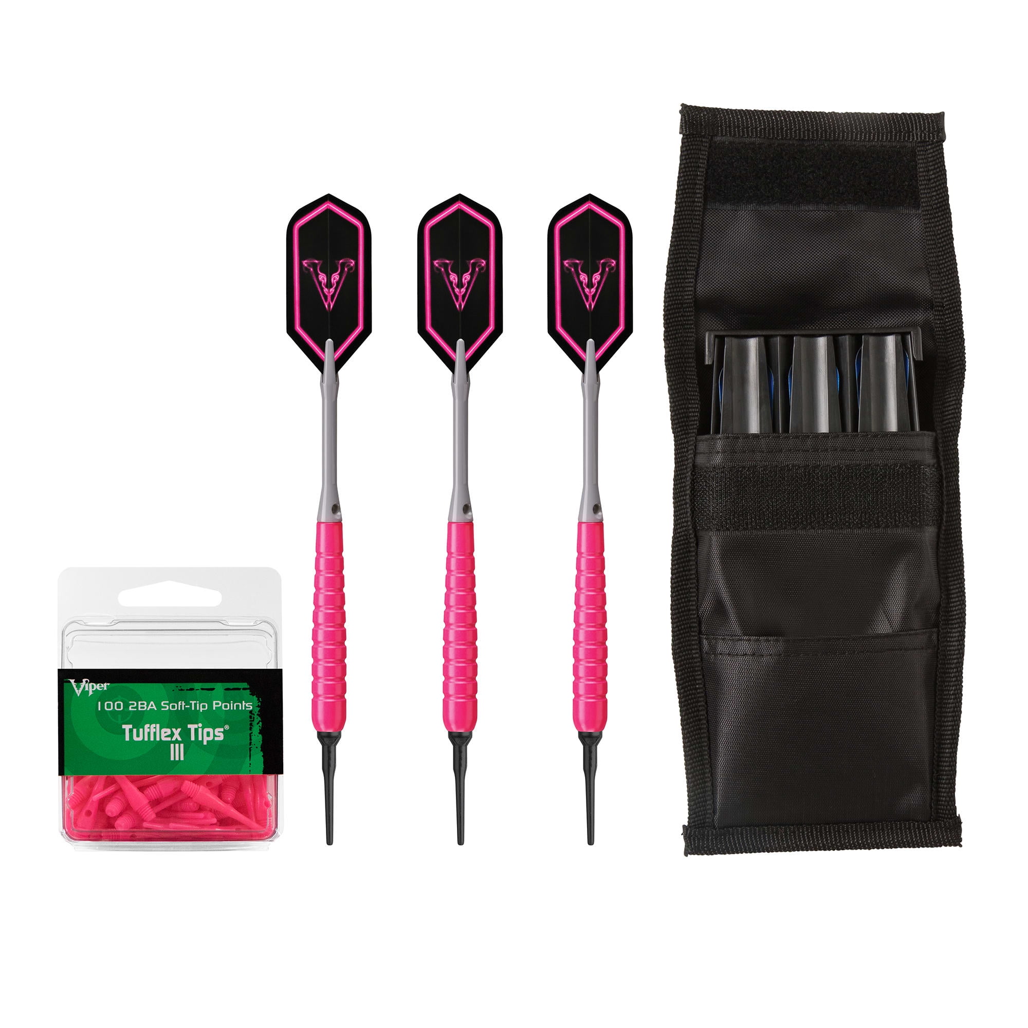 Viper V Glo Soft Tip 18gm Pink, Casemaster Single Black Dart Case, and Viper 2BA Tufflex Tips III- Neon Pink 100ct. Box