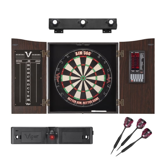 Viper Vault Deluxe Dartboard Cabinet with Built-In Pro Score, AIM 360 Dartboard, Throw Line Light, and Shadow Buster Light