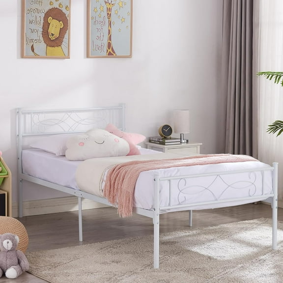 Vipeve 14" Queen Size White Metal Platform Bed Frame with Headboard,Premium Steel Slat Support/No Box Spring Needed/Noise-Free/Easy Assembly