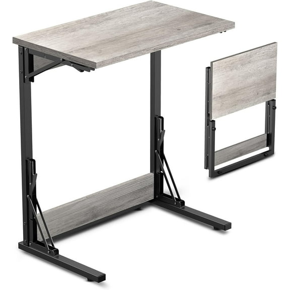 Vipeve 24" Folding C Shaped End Table, Small Sofa Side Laptop Desk, Couch TV Tray Table for Living Room, Bedroom, Rustic Brown