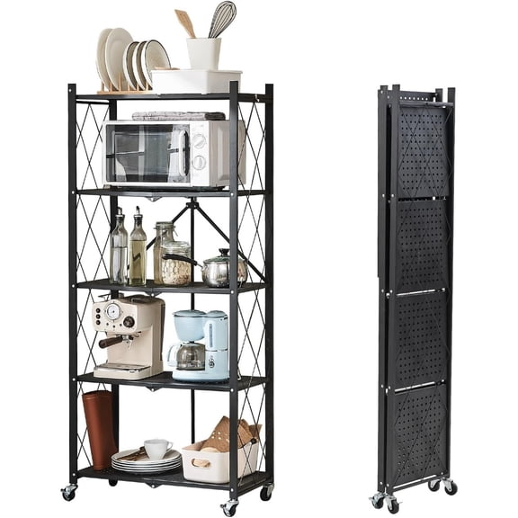 Vipeve 4-Shelf Foldable Storage Shelves with Wheels, Folding Metal Rack Shelving Unit, Heavy Duty No Assembly Organizer Shelf for Garage, Kitchen, Basement, Pantry, Black