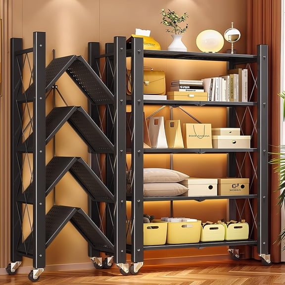 Vipeve 4-Shelf Foldable Storage Shelves with Wheels, Heavy Duty Metal Shelving, No Assembly Organizer Wire Shelf Rack for Garage Kitchen, Basement, Pantry, Holds up to 1000 pounds…