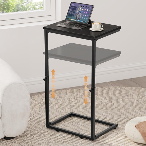 Vipeve C Shaped End Table with Charging Station, Adjustable Height Side Table for Couch,Small Side Table Small Spaces, 33.2'' Tall Couch Tables that Slide Under, Tv Tray Table for Living Room, Black