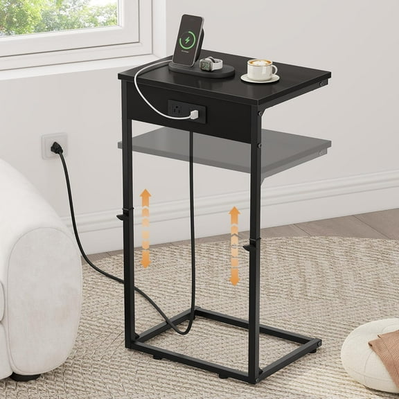 Vipeve C Shaped End Table with Charging Station, Adjustable Height Side Table for Couch,Small Side Table Small Spaces, 33.2'' Tall Couch Tables that Slide Under, Tv Tray Table for Living Room, Black
