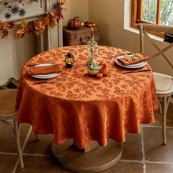 Vipeve Fall Thanksgiving Tablecloth, Jacquard Fabric Autumn Round Table Cloth, Countryside Leaves Waterproof Kitchen Dining Harvest Holiday Table Cover (70 Inch Round, Rust/Burnt Orange)