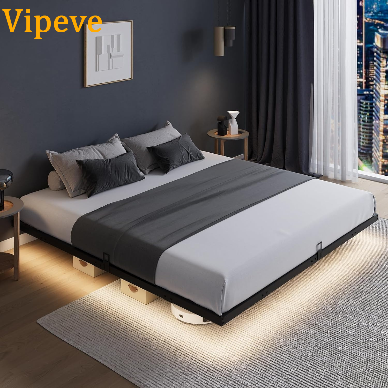 Vipeve Floating Bed Frame with LED Lights, Modern Platform King Size ...