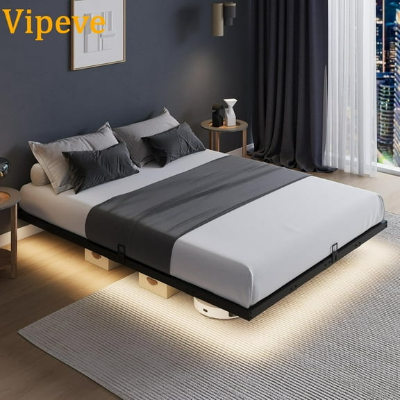 Vipeve Floating Bed Frame with LED Lights, Modern Platform King Size Bed Frame with Mattress Slide Stopper, Easy Assembly, No Box Spring Needed, Noise Free
