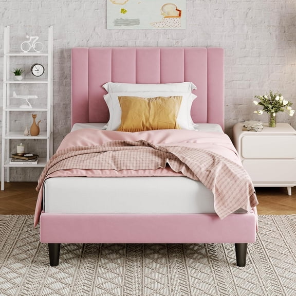 Vipeve Full Bed Frame/Velvet Upholstered Bed Frame with Vertical Channel Tufted Headboard/Strong Wooden Slats/Platform Bed Frame/Mattress Foundation/Box Spring Optional/Easy Assembly/White