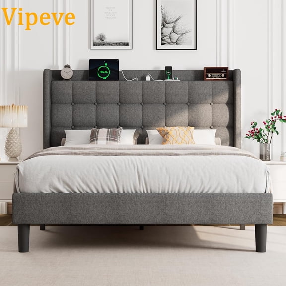 Vipeve Full Size Bed Frame, Upholstered Platform Bed Frame with Charging Station, Modern Wingback Storage Headboard, Solid Wood Slats Support, No Box Spring Needed, Dark Grey