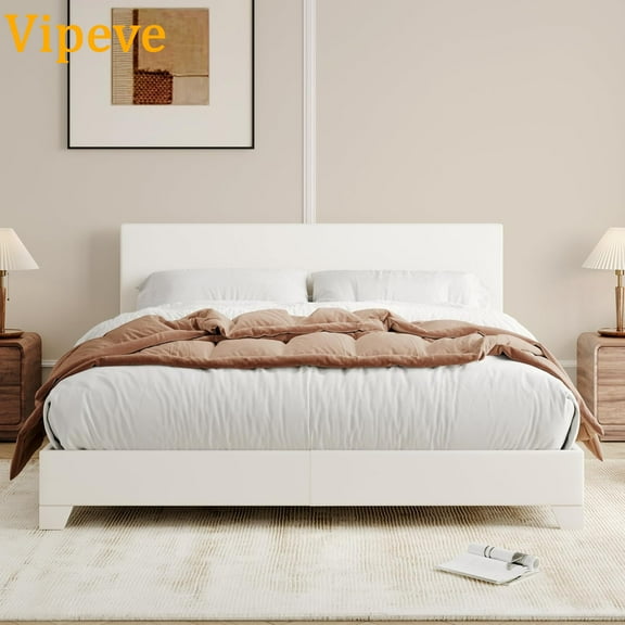 Vipeve Queen Size Bed Frame with Adjustable Headboard, Faux Leather Platform Bed with Wood Slats, Heavy Duty Mattress Foundation, No Box Spring Needed, Noise-Free, Easy Assembly, White