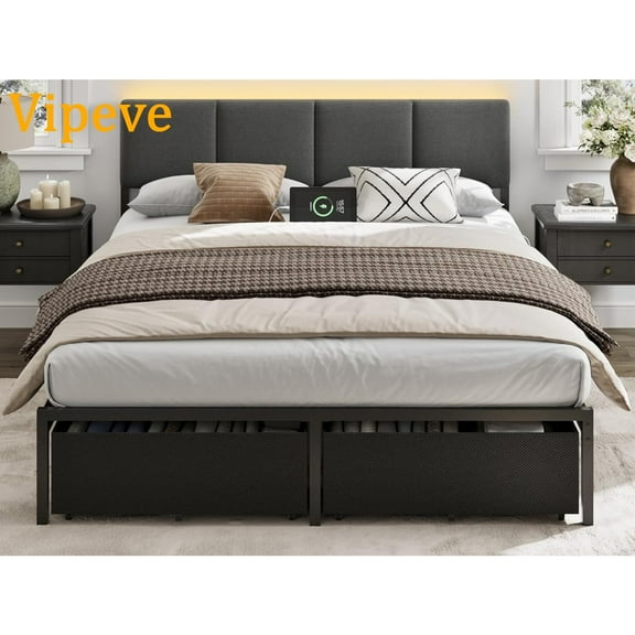 Vipeve Queen Size Bed Frame with Headboard,Upholstered Bed Queen with LED Light,USB Charging Station,Platform Bedframe with 2 Fabric Underbed Storage Drawers,No Spring Box Needed