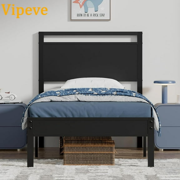 VipeveQueen Bed Frame with Modern Wood Headboard & Footboard, Upgraded Heavy Duty Metal Sturdy Bed Frame Queen Size, Stable Platform Bed Furniture Bed Storage, No Noise, No Box Springs