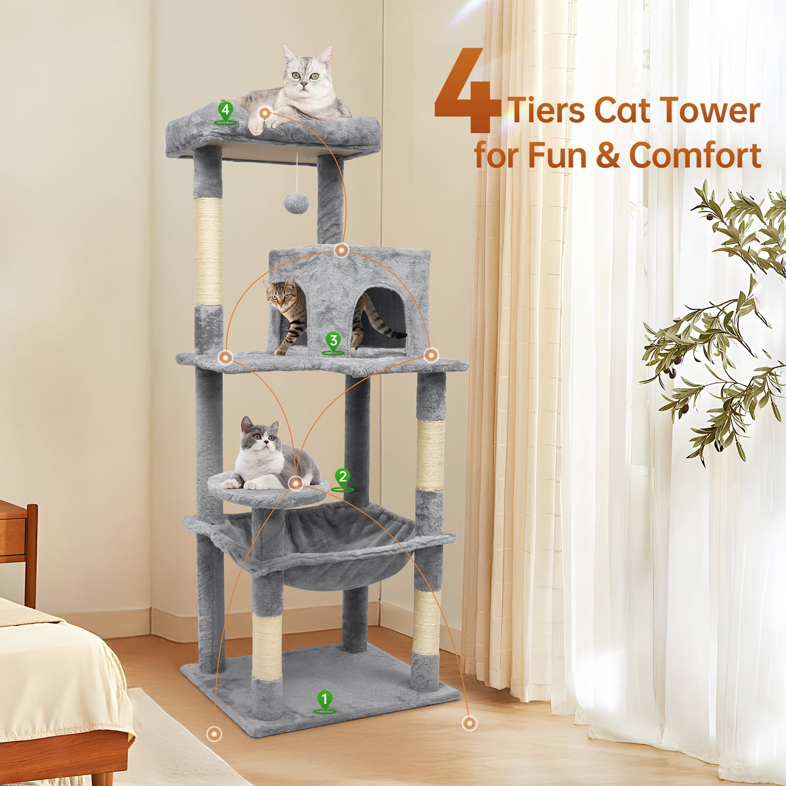Zenstyle 53-in Cat Tree & Condo Scratching Post Tower, Dark