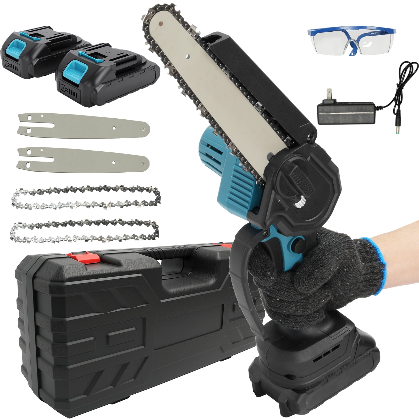 Vipsafe 6 inch Mini Chainsaw Cordless with 2 Batteries 2 Chain, Electric Chainsaw for Cutting Gardening, Wood Cutting & DIY, Blue