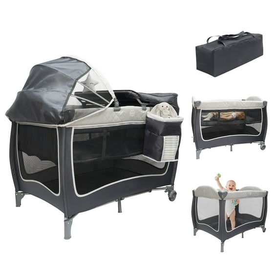 Vipsafe Unisex Portable Baby Playard with Wheels, Canopy, Changing Table & Storage Bag, Grey