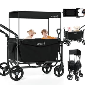 Vipsafe Foldable Wagon Stroller for 2 Kids, 3-in-1 Toddler Wagon with 5-Point Harness, Foot Brake, Detachable Canopy, Pull & Push Handle, Outdoor & Travel, Black
