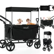 Vipsafe Foldable Wagon Stroller for 2 Kids, 3-in-1 Toddler Wagon with 5-Point Harness, Foot Brake, Detachable Canopy, Pull & Push Handle, Outdoor & Travel, Black