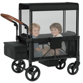 Vipsafe Foldable Wagon Stroller for 2 Kids, Baby Stroller Wagon with Canopy, 5-Point Harness, 9-Level Adjustable Handlebars, Breathable Mesh Windows, Foot Brake, Black