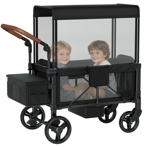 Vipsafe Foldable Wagon Stroller for 2 Kids, 220 lbs Capacity, 5-Point Safety Harness, Removable Canopy, 9-Level Adjustable Handle