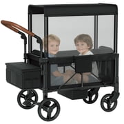 Vipsafe Foldable Wagon Stroller for 2 Kids, All-Terrain Baby Wagon with Canopy, 5-Point Harness, 9-Level Adjustable Handlebar, Mesh Windows and Foot Brake