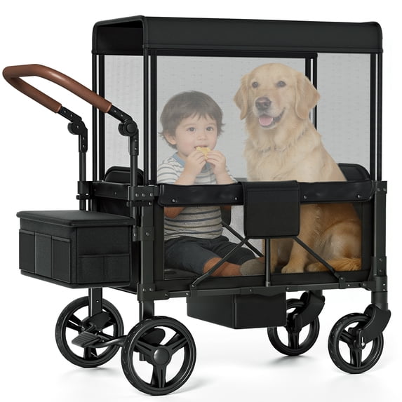 Vipsafe Foldable Wagon Stroller for 2 Kids, Multifunctional Baby Stroller with Detachable Canopy, Adjustable Handlebars, Easy Storage for Toddlers