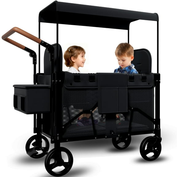Vipsafe Foldable Wagon Stroller for 2 Kids, Multifunctional Wagon with Detachable Canopy, Adjustable Handlebars, Removable Seats, and Easy Storage
