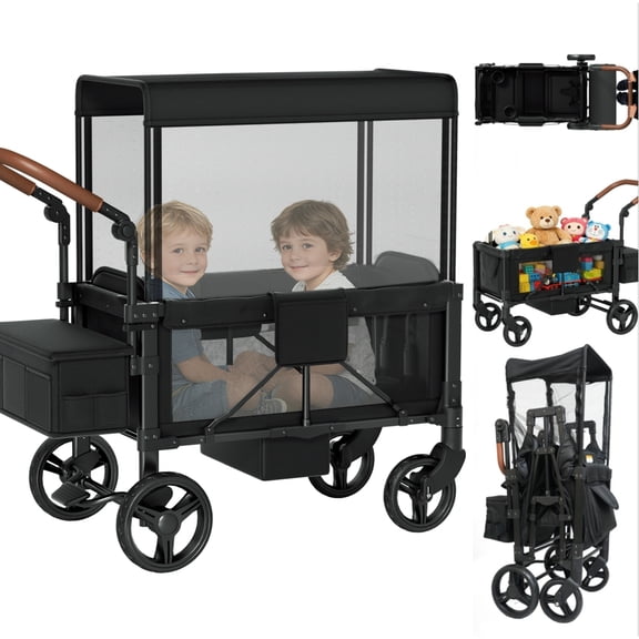 Vipsafe Foldable Wagon Stroller for 2 Kids, Stroller Wagon for Toddlers with 5-Point Harness, 9-Level Adjustable Handlebars, Breathable Mesh Windows, Foot Brake, Removable Canopy, Black