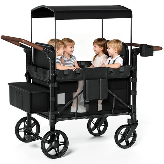 Vipsafe Foldable Wagon Stroller for 4 Kids, Multifunctional Baby Stroller with Detachable Canopy, Adjustable Handlebars, Easy Storage for Toddlers