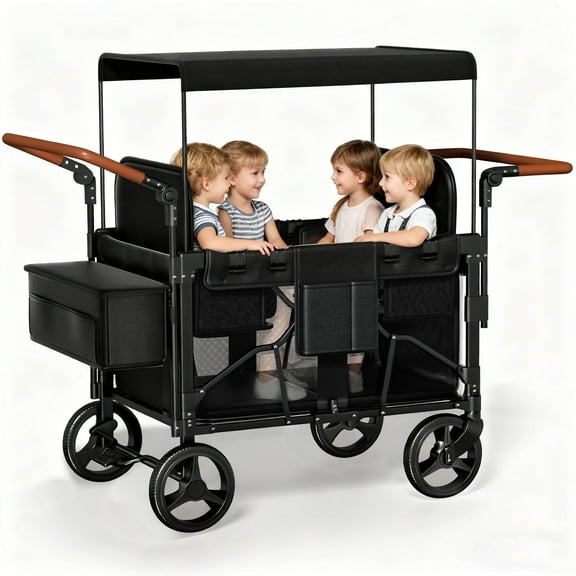 Vipsafe Foldable Wagon Stroller for 4 Kids, Multifunctional Wagon with Detachable Canopy, Adjustable Handlebars, Removable Seats, and Easy Storage